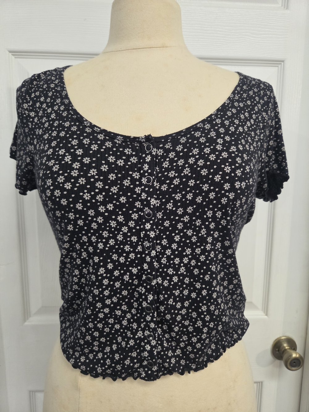American Eagle Outfitters Black Floral Button-Front Crop Top